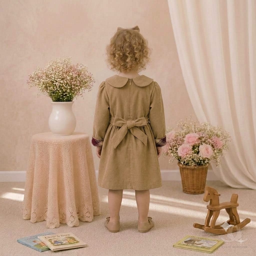 Girls Brown Winter Cotton Dress with Argyle Bow & Embroidered Peter Pan Collar — Back