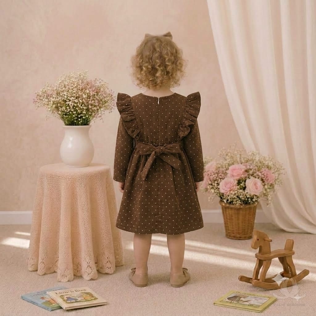 Girls Brown Polka Dot Ruffle Sleeve Winter Dress with Bow Detail — Back