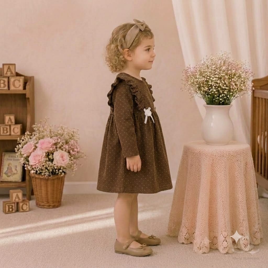 Girls Brown Polka Dot Ruffle Sleeve Winter Dress with Bow Detail — Side