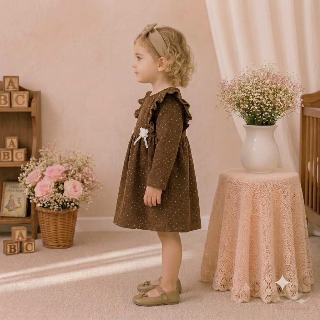 Girls Brown Polka Dot Ruffle Sleeve Winter Dress with Bow Detail — Fabric detail