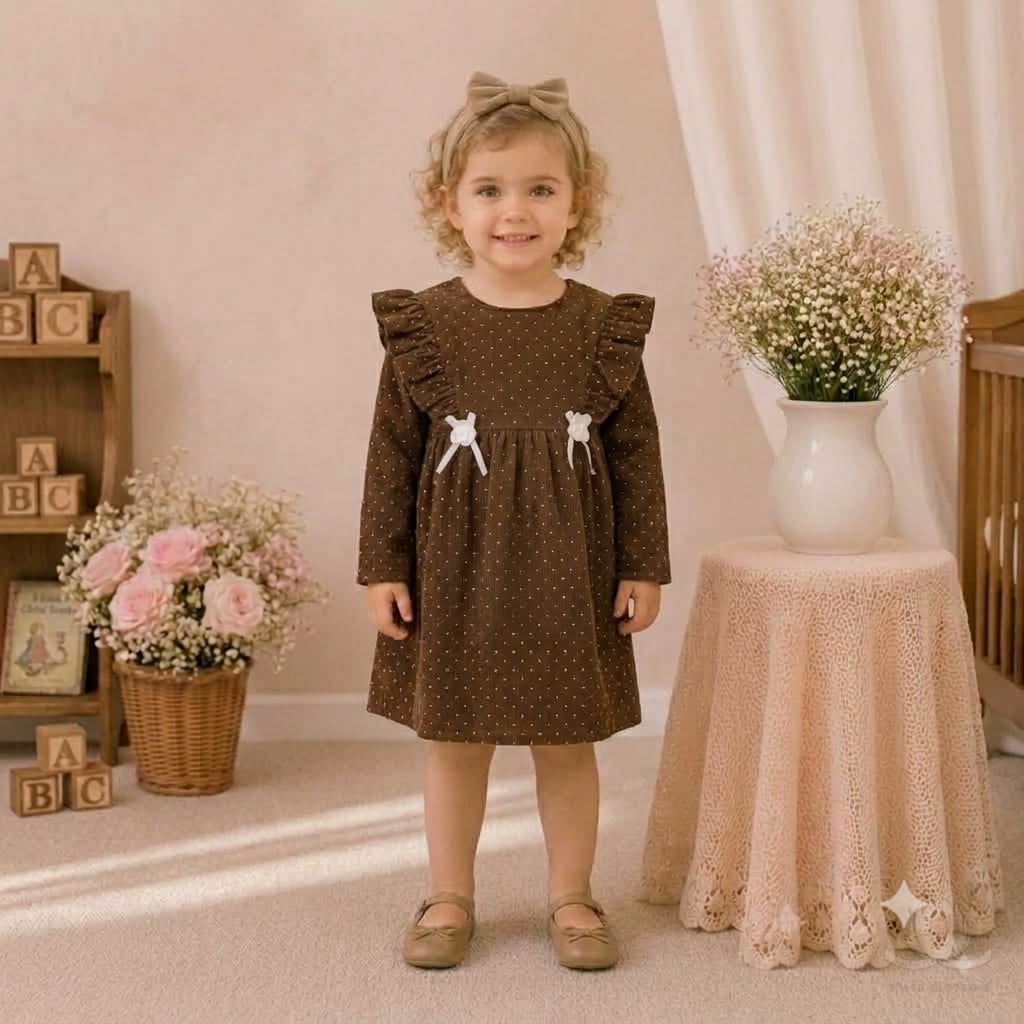 Girls Brown Polka Dot Ruffle Sleeve Winter Dress with Bow Detail