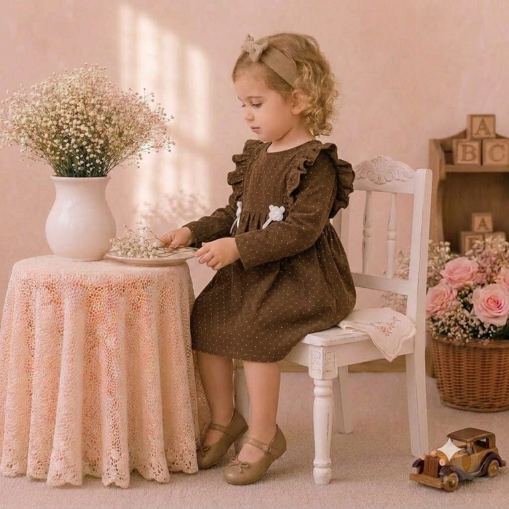 Girls Brown Polka Dot Ruffle Sleeve Winter Dress with Bow Detail — Styled