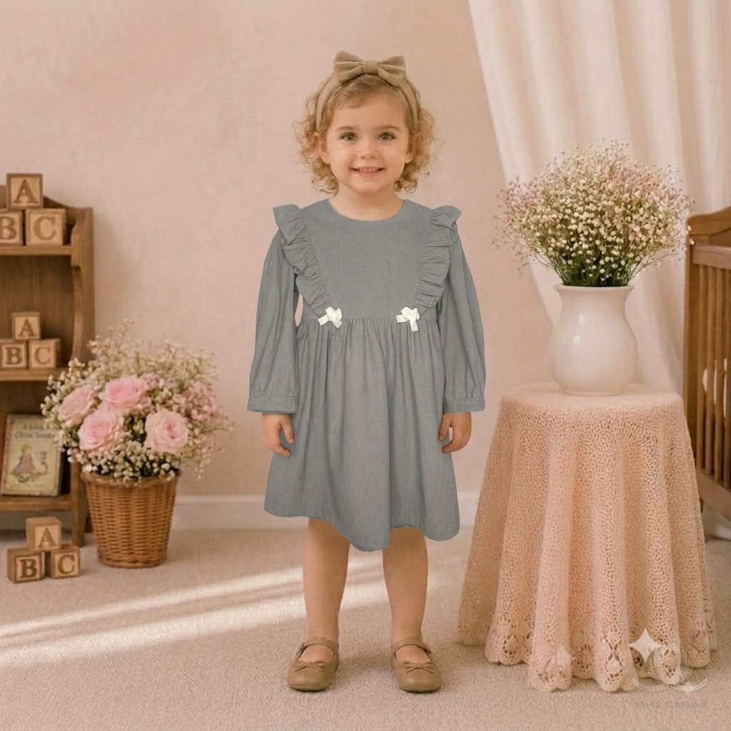 Girls Grey Polka Dot Ruffle Sleeve Winter Dress with Bow Detail