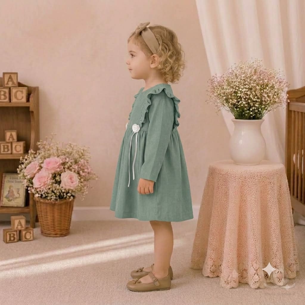Girls Sage Green Polka Dot Ruffle Sleeve Winter Dress with Bow Detail — Fabric detail