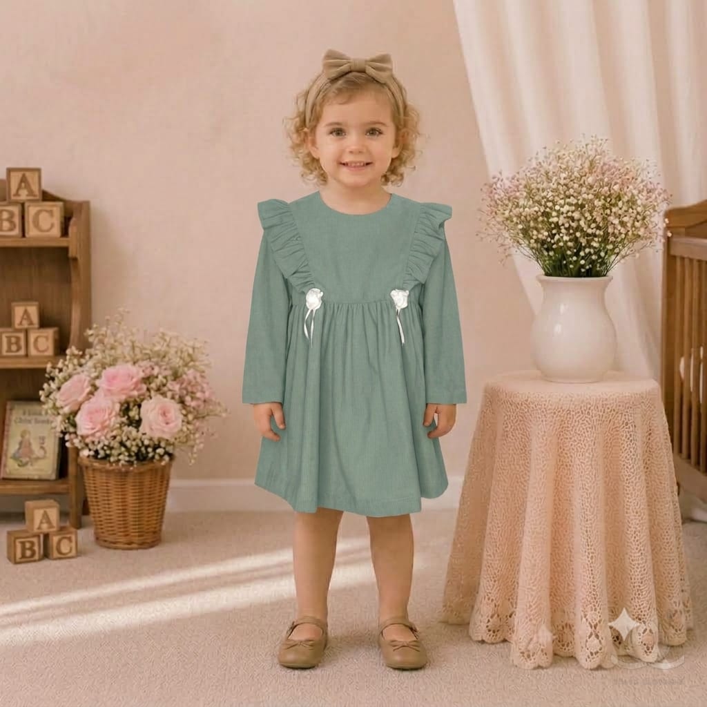 Girls Sage Green Polka Dot Ruffle Sleeve Winter Dress with Bow Detail