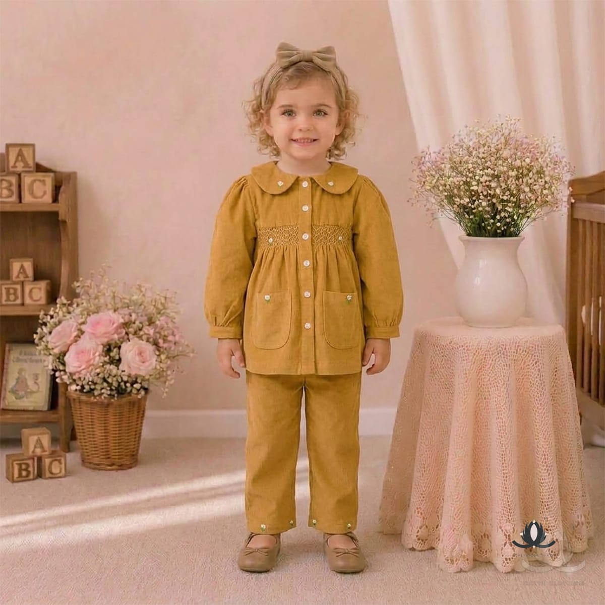 Girls Mustard Corduroy Co-Ord Set with Embroidered Collar and Wide Leg Pants