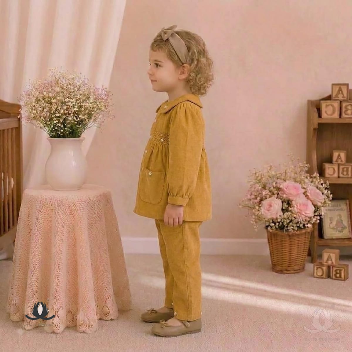 Girls Mustard Corduroy Co-Ord Set with Embroidered Collar and Wide Leg Pants — Fabric detail