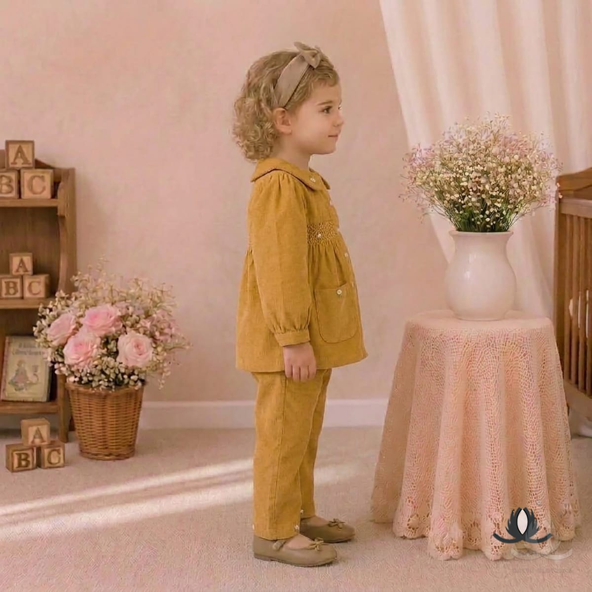 Girls Mustard Corduroy Co-Ord Set with Embroidered Collar and Wide Leg Pants — Side