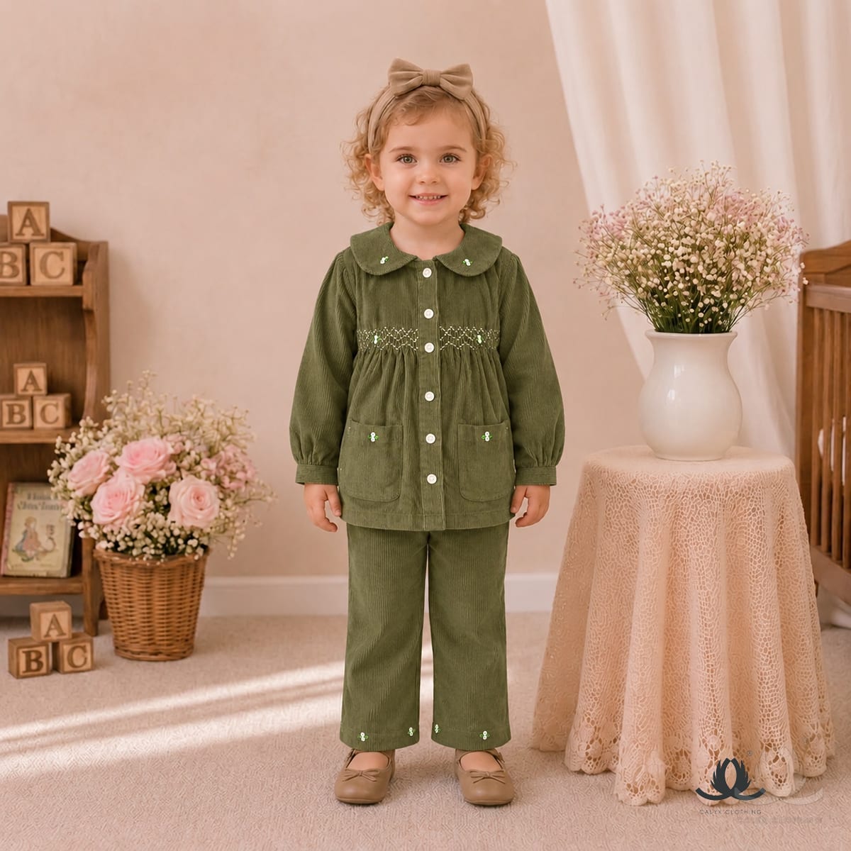 Girls Bottle Green Corduroy Co-Ord Set with Embroidered Collar and Wide Leg Pants