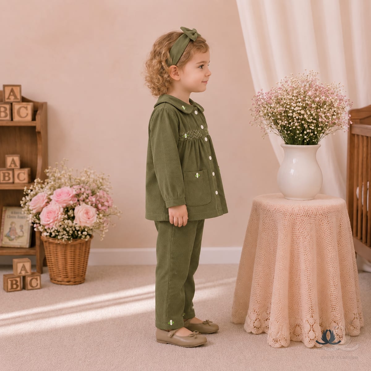 Girls Bottle Green Corduroy Co-Ord Set with Embroidered Collar and Wide Leg Pants — Side