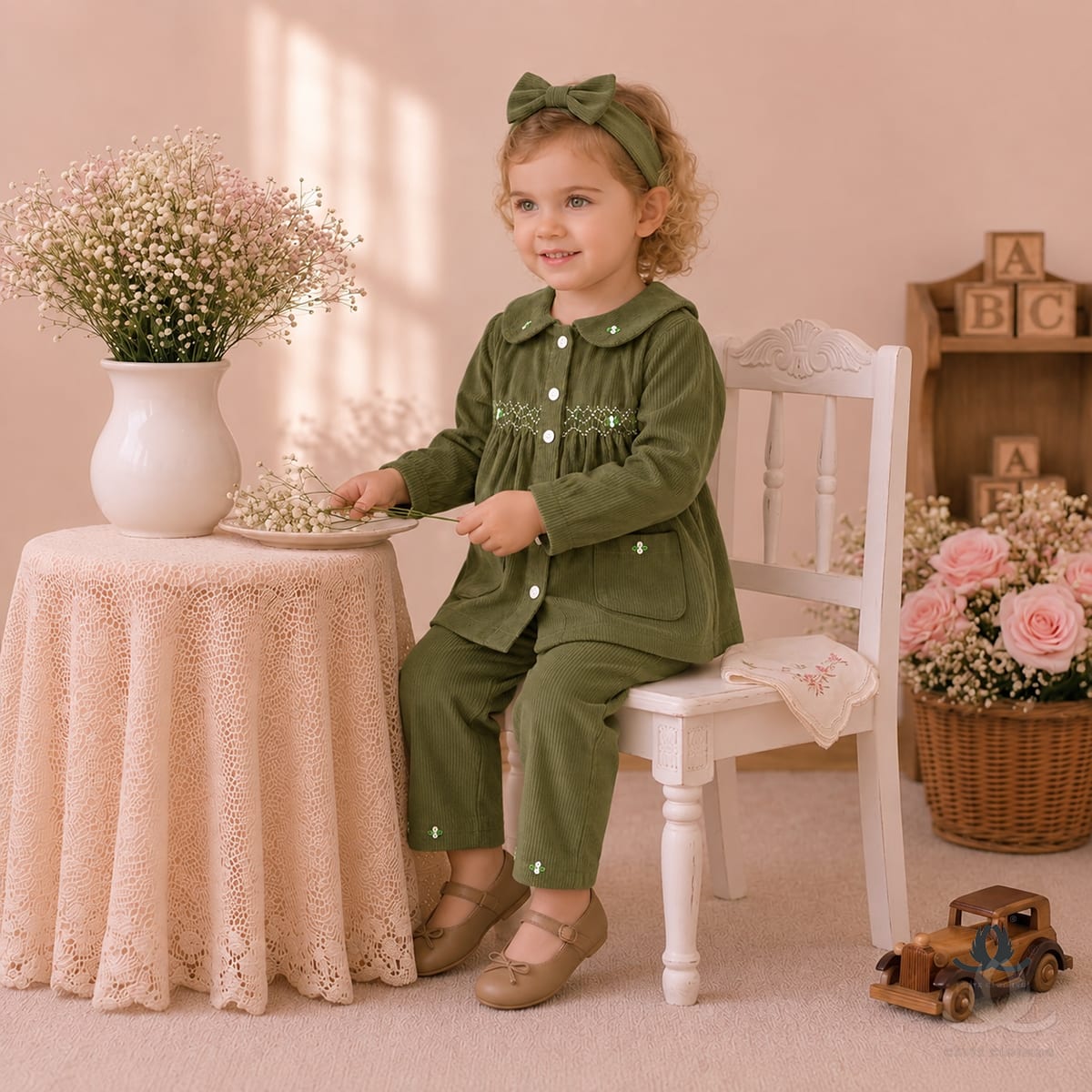 Girls Bottle Green Corduroy Co-Ord Set with Embroidered Collar and Wide Leg Pants — Styled