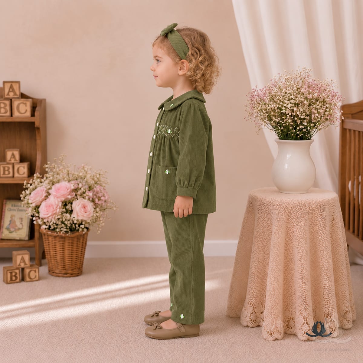 Girls Bottle Green Corduroy Co-Ord Set with Embroidered Collar and Wide Leg Pants — Fabric detail
