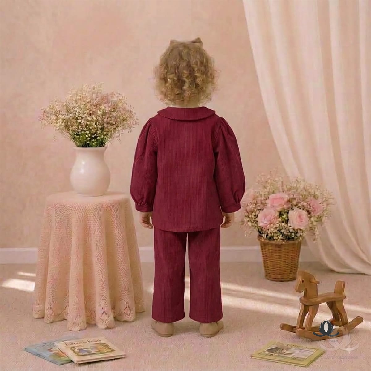 Girls Mehroon Corduroy Co-Ord Set with Embroidered Collar and Wide Leg Pants — Back