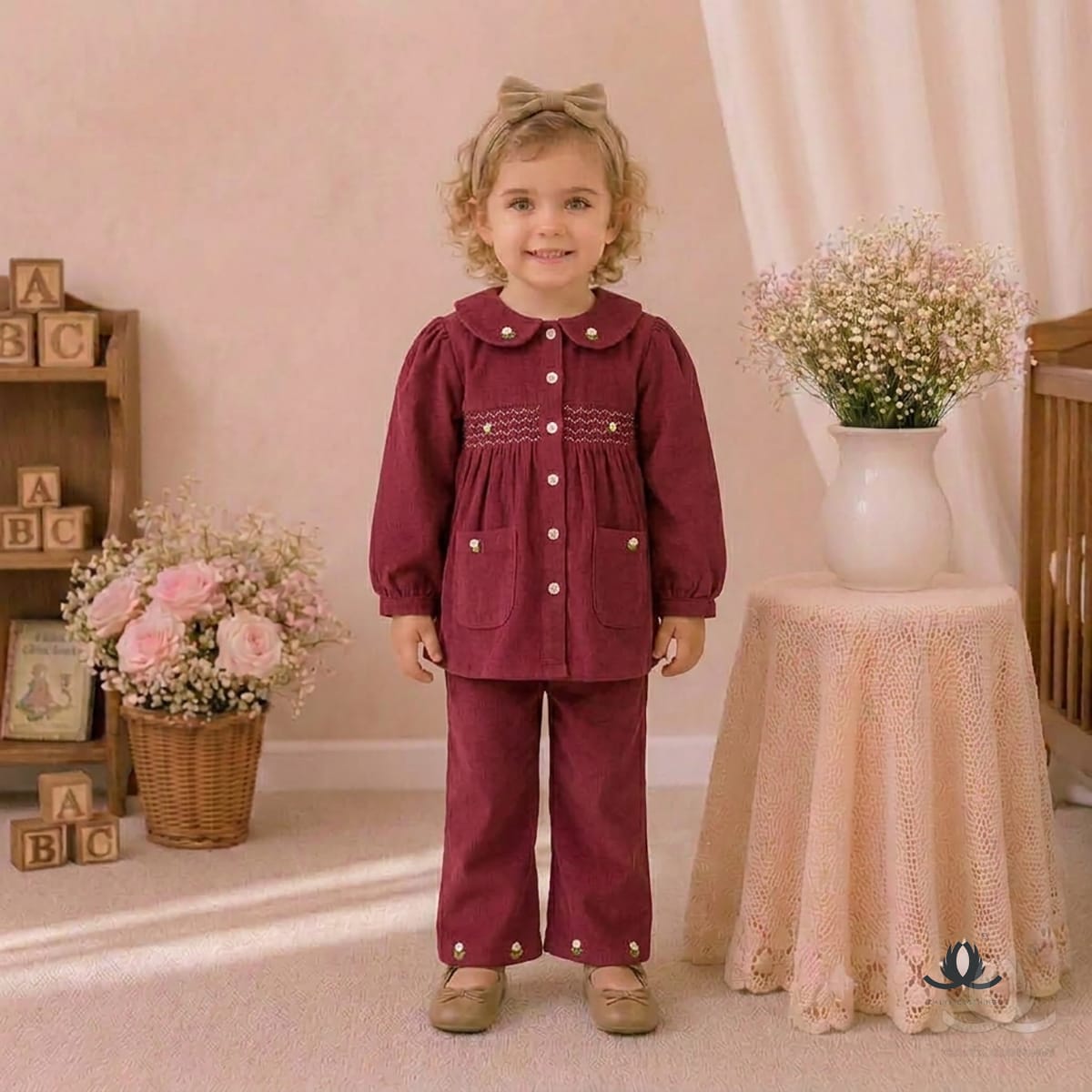 Girls Mehroon Corduroy Co-Ord Set with Embroidered Collar and Wide Leg Pants