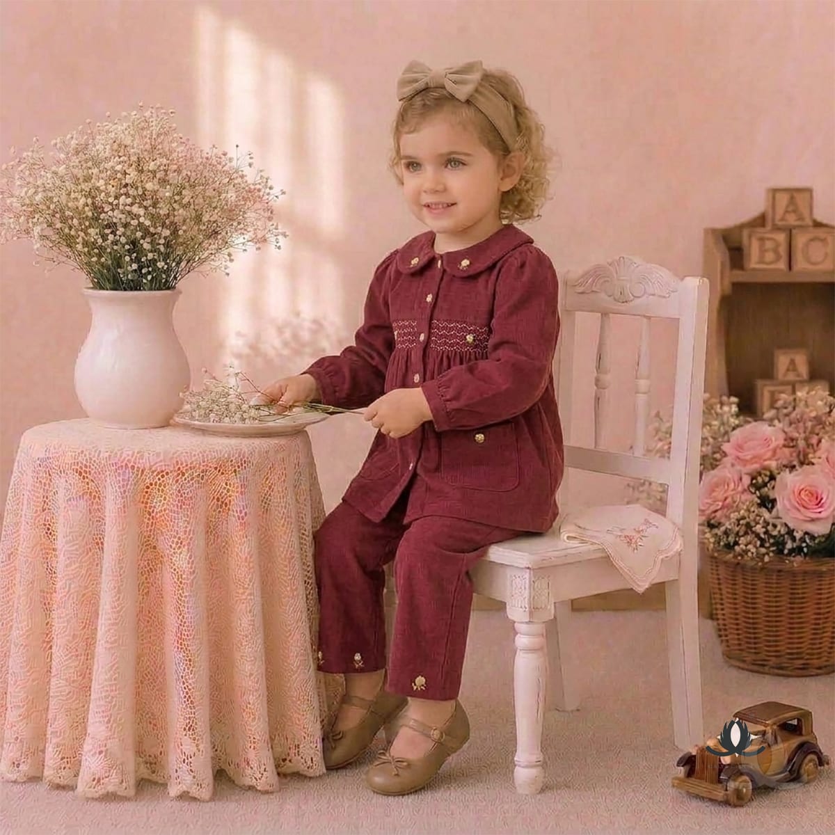 Girls Mehroon Corduroy Co-Ord Set with Embroidered Collar and Wide Leg Pants — Styled