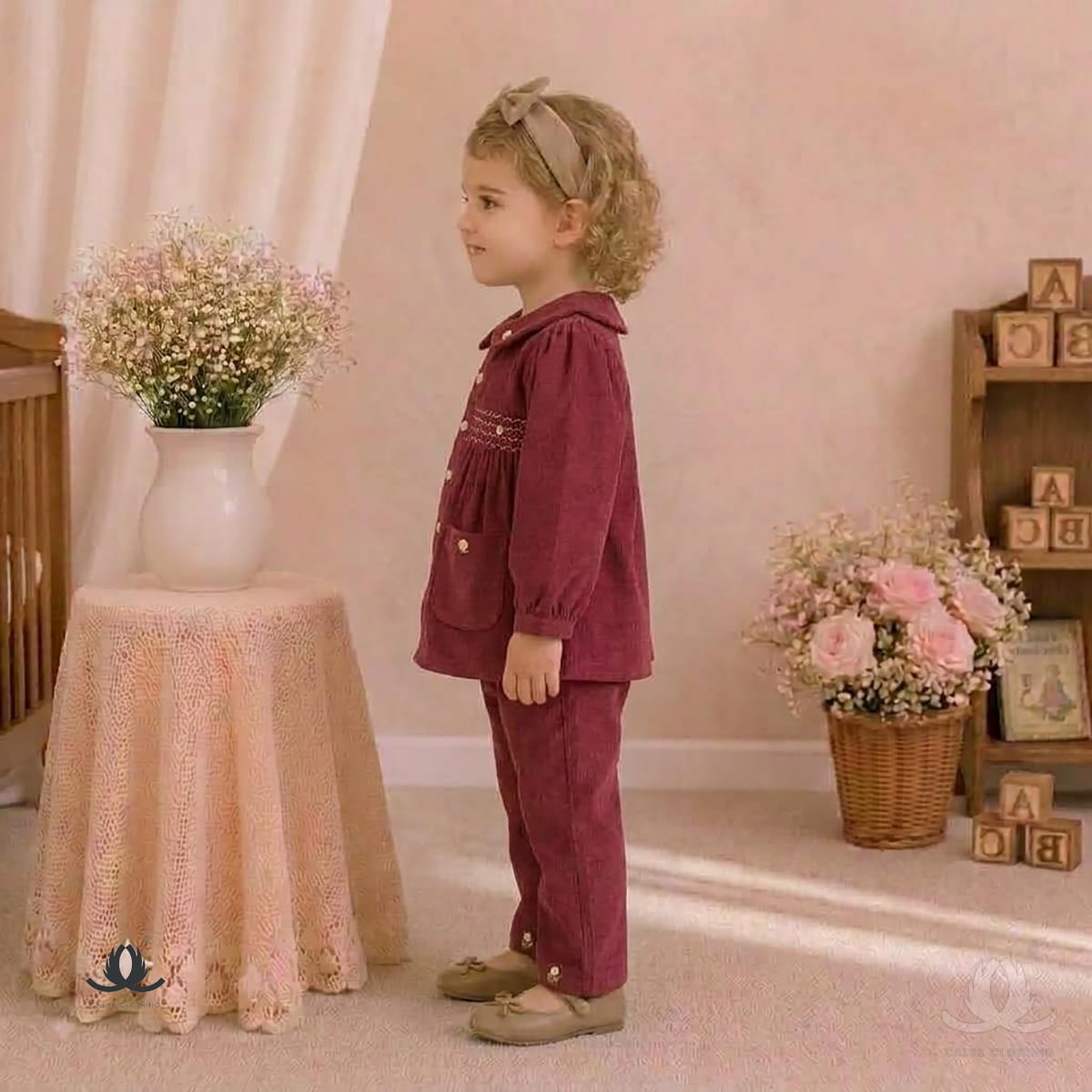 Girls Mehroon Corduroy Co-Ord Set with Embroidered Collar and Wide Leg Pants — Fabric detail