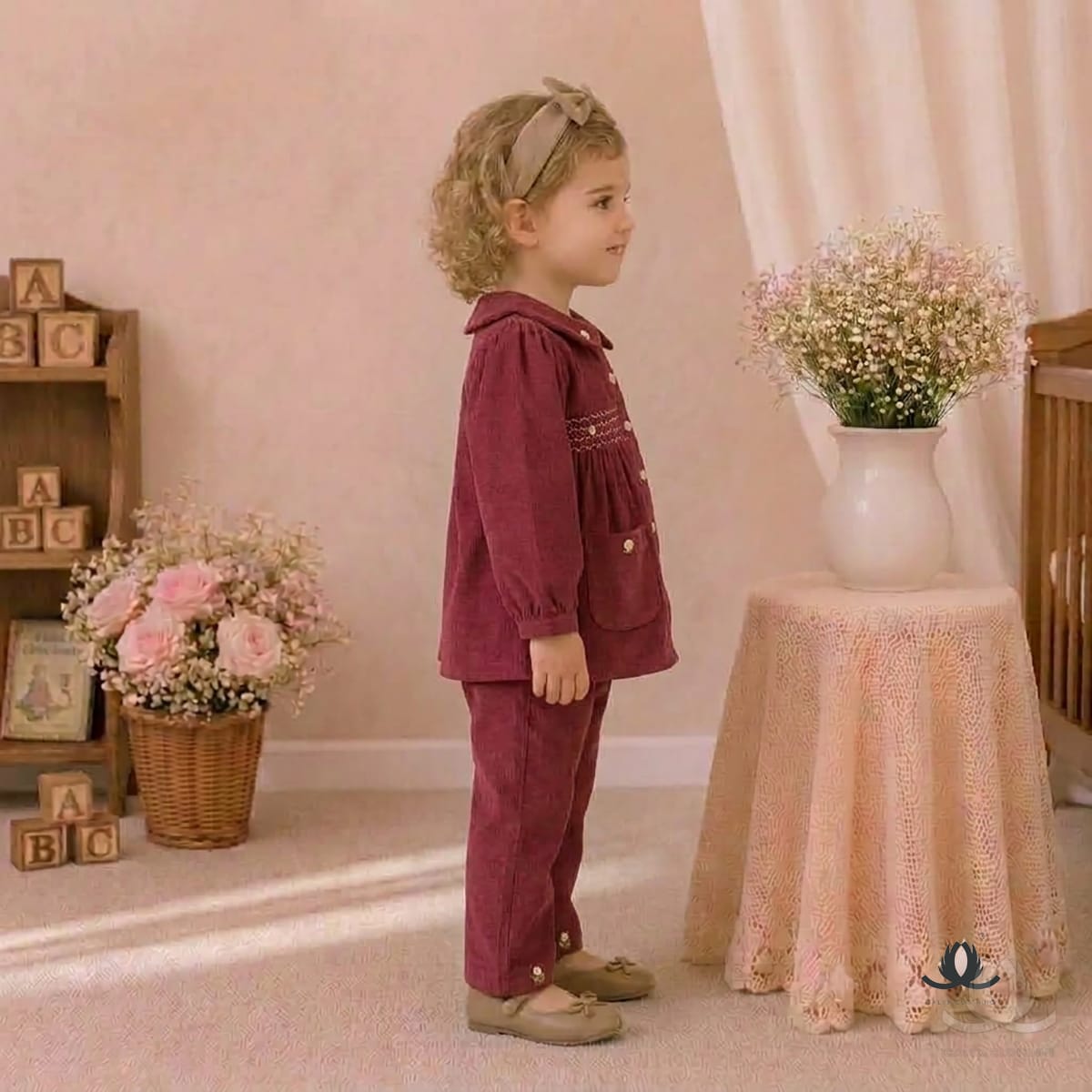 Girls Mehroon Corduroy Co-Ord Set with Embroidered Collar and Wide Leg Pants — Side