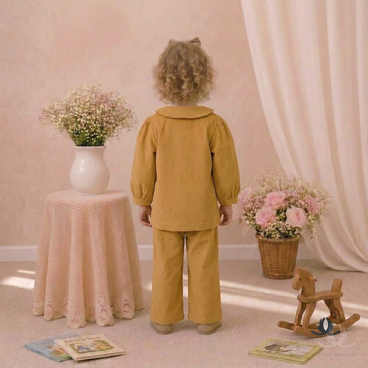 Girls Mustard Corduroy Co-Ord Set with Embroidered Collar and Wide Leg Pants — Back