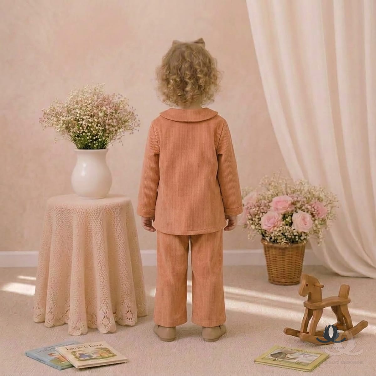 Girls Peach Corduroy Co-Ord Set with Embroidered Collar and Wide Leg Pants — Back