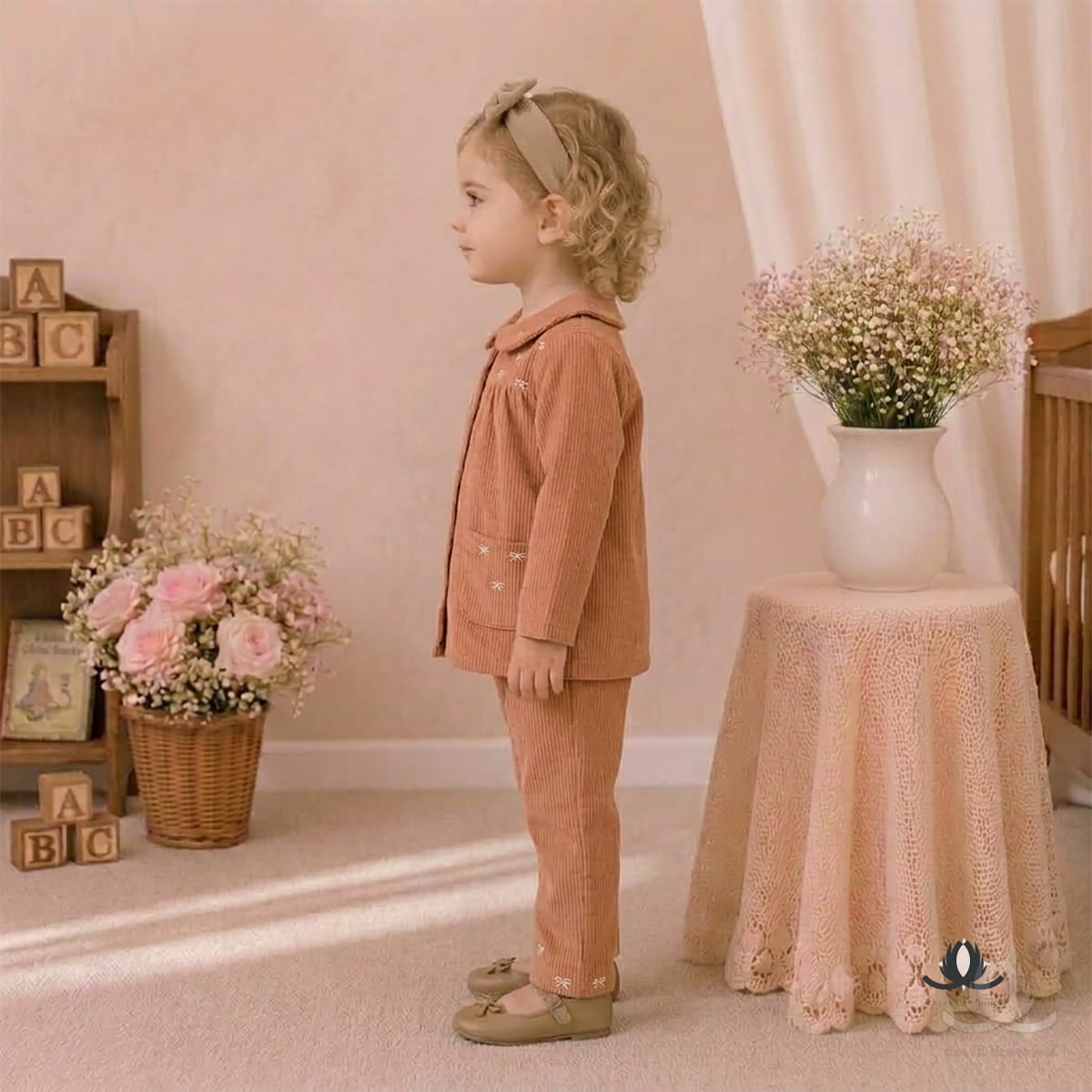 Girls Peach Corduroy Co-Ord Set with Embroidered Collar and Wide Leg Pants — Side