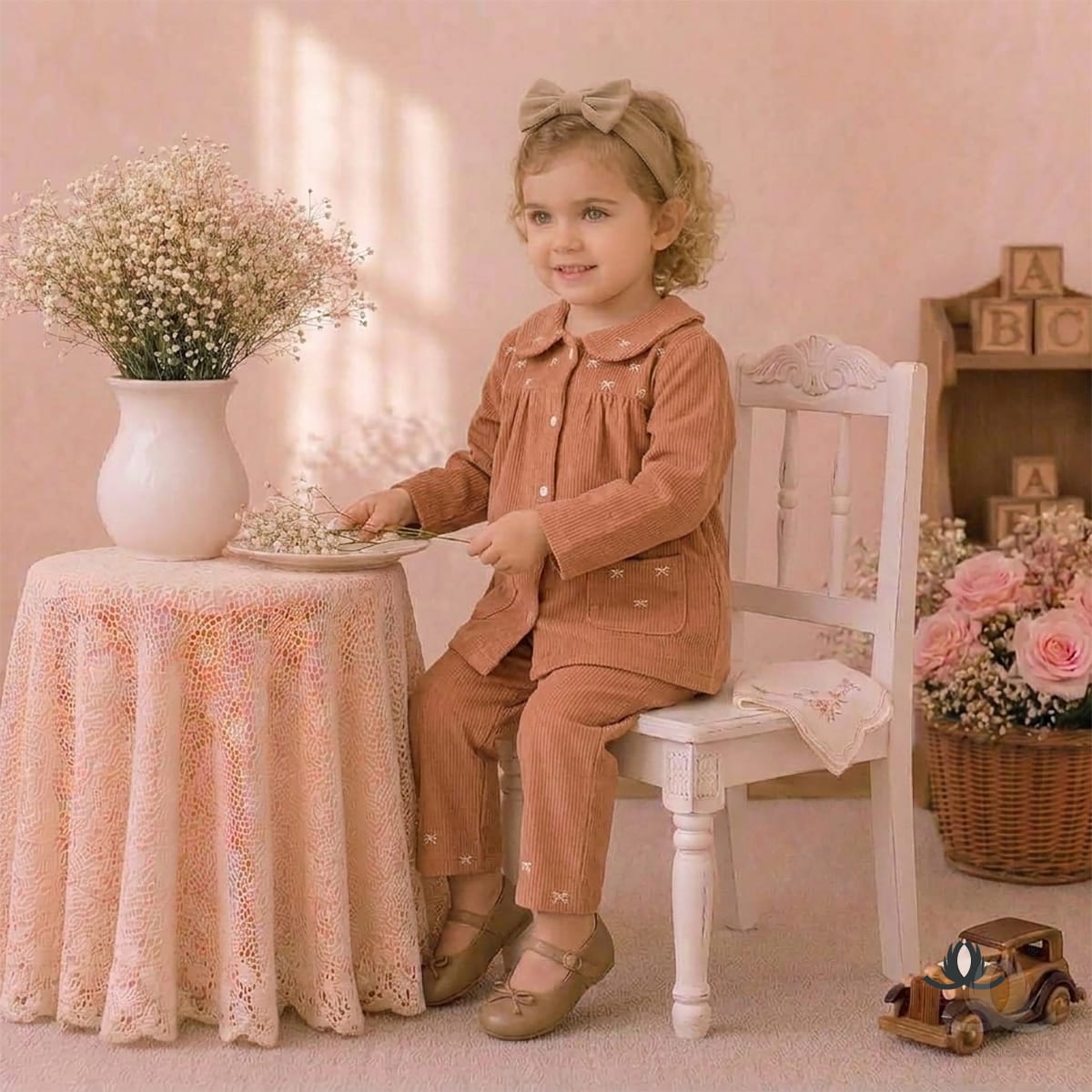 Girls Peach Corduroy Co-Ord Set with Embroidered Collar and Wide Leg Pants — Styled
