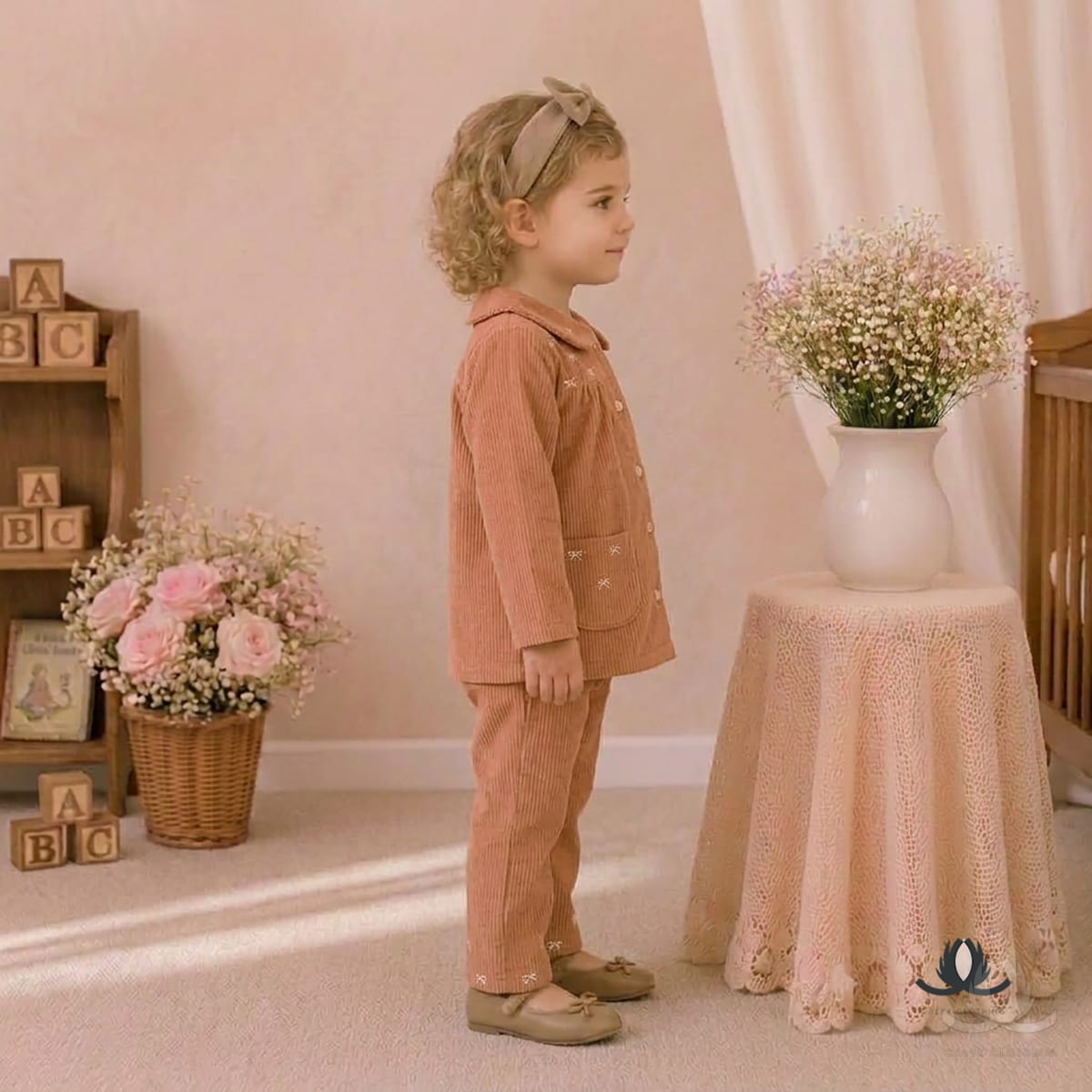 Girls Peach Corduroy Co-Ord Set with Embroidered Collar and Wide Leg Pants — Fabric detail