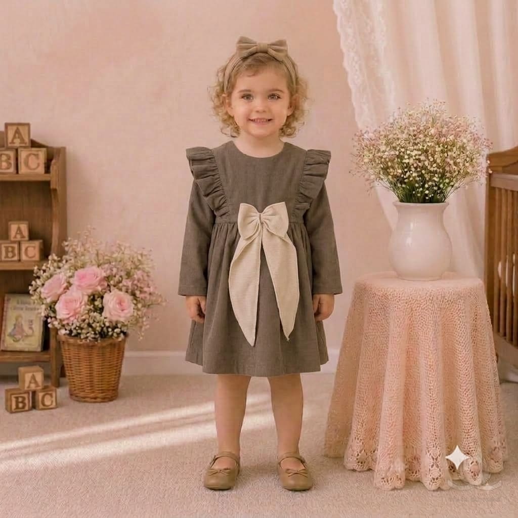 Girls Mocha Brown Dress with Ruffle Shoulders & Contrast Bow | Full Sleeve A-Line Frock