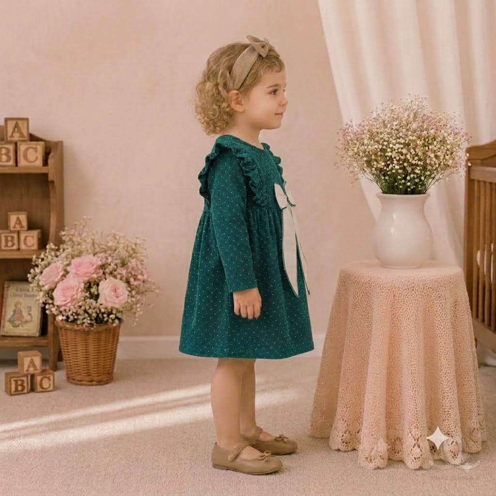 Girls Polka Peacock Dress with Ruffle Shoulders & Contrast Bow | Full Sleeve A-Line Frock — Side