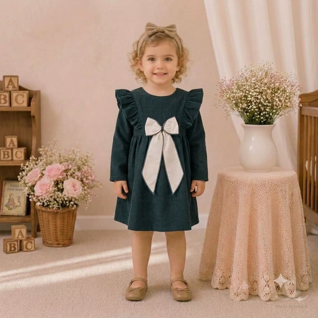 Girls Turqouise Dress with Ruffle Shoulders & Contrast Bow | Full Sleeve A-Line Frock