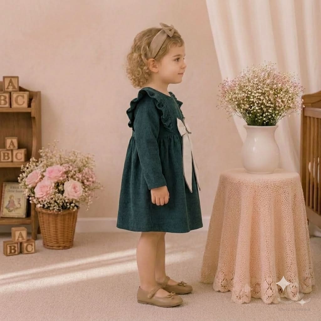 Girls Turqouise Dress with Ruffle Shoulders & Contrast Bow | Full Sleeve A-Line Frock — Side