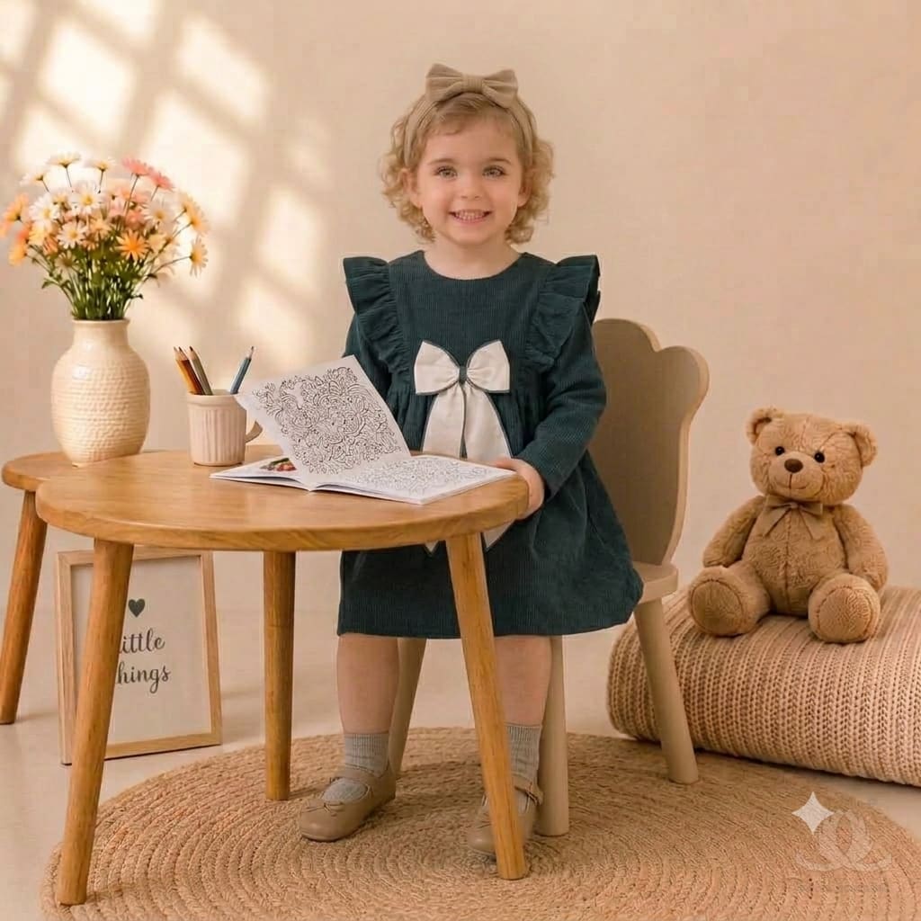 Girls Turqouise Dress with Ruffle Shoulders & Contrast Bow | Full Sleeve A-Line Frock — Styled
