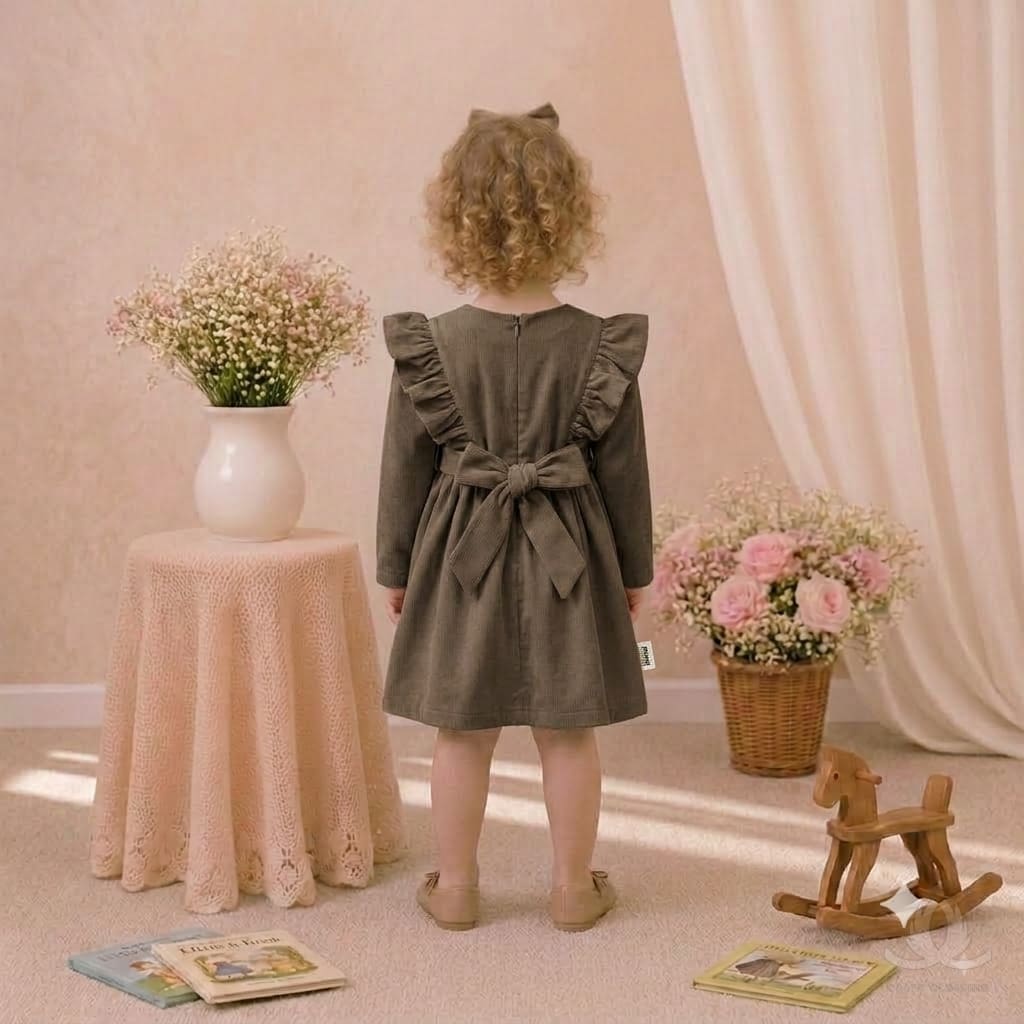 Girls Mocha Brown Dress with Ruffle Shoulders & Contrast Bow | Full Sleeve A-Line Frock — Back