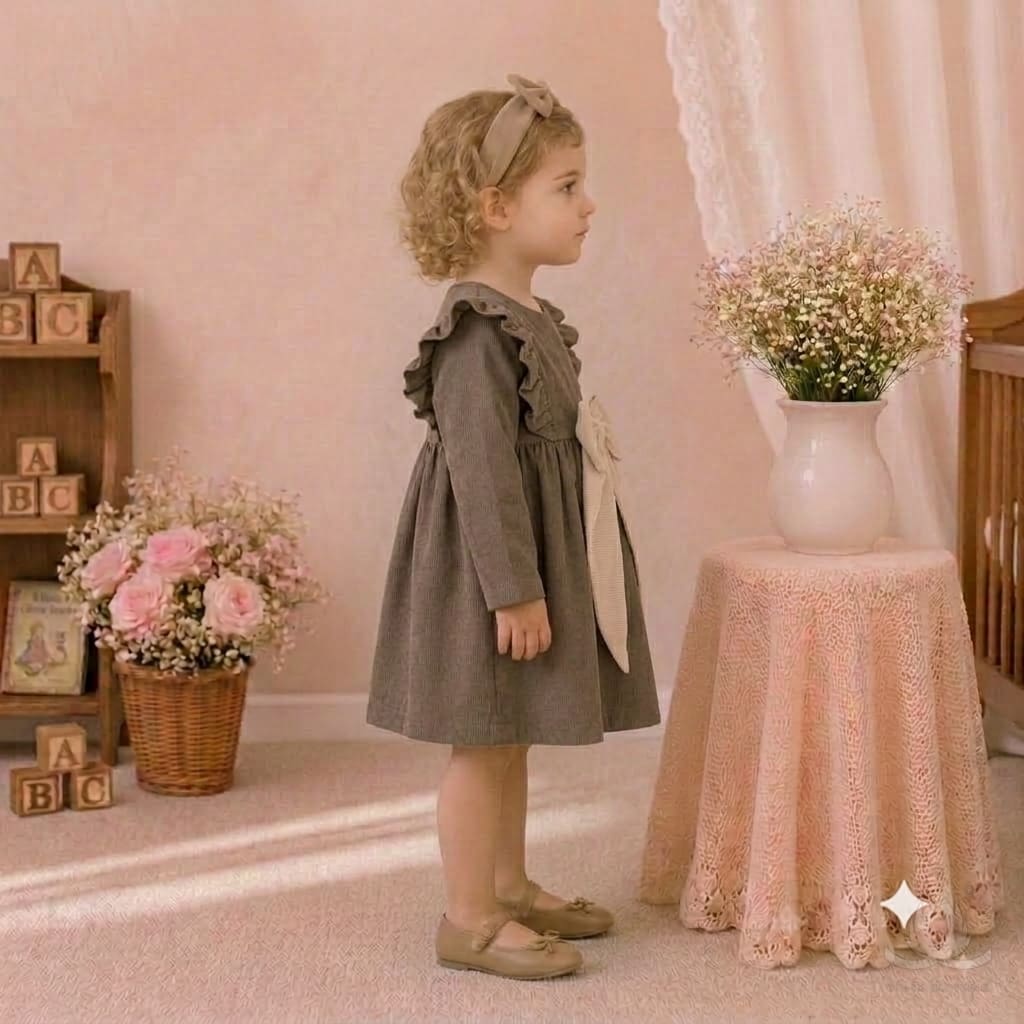 Girls Mocha Brown Dress with Ruffle Shoulders & Contrast Bow | Full Sleeve A-Line Frock — Side