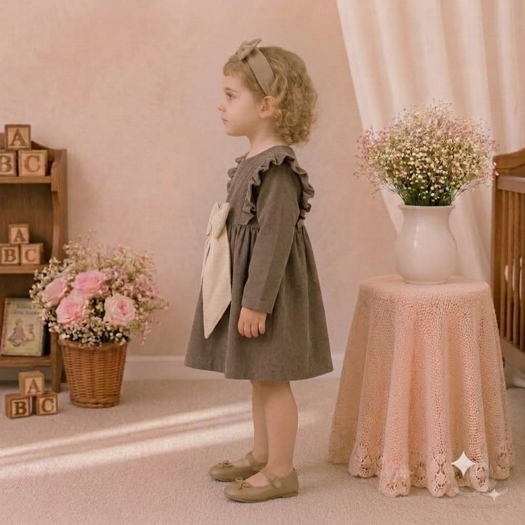 Girls Mocha Brown Dress with Ruffle Shoulders & Contrast Bow | Full Sleeve A-Line Frock — Fabric detail