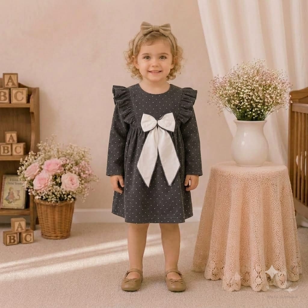 Girls Polka Dark Grey Dress with Ruffle Shoulders & Contrast Bow | Full Sleeve A-Line Frock