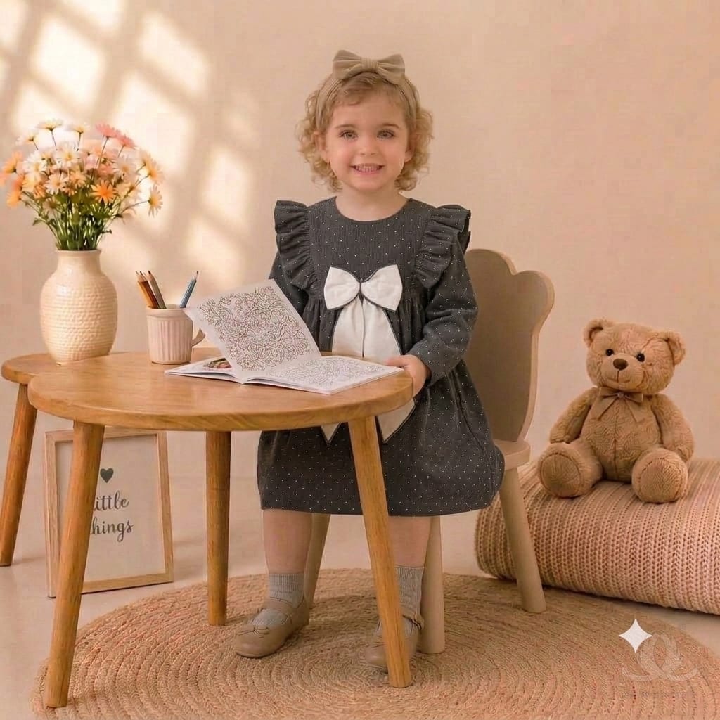 Girls Polka Dark Grey Dress with Ruffle Shoulders & Contrast Bow | Full Sleeve A-Line Frock — Styled