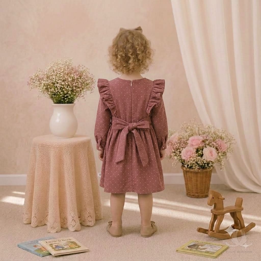 Girls Polka Peach Dress with Ruffle Shoulders & Contrast Bow | Full Sleeve A-Line Frock — Back