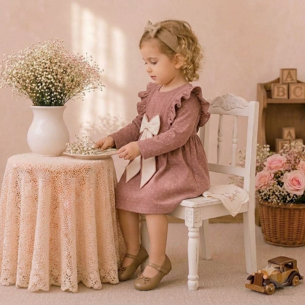 Girls Polka Peach Dress with Ruffle Shoulders & Contrast Bow | Full Sleeve A-Line Frock — Styled