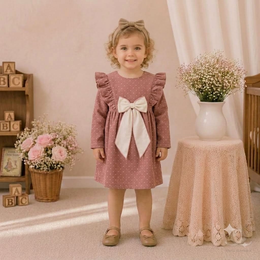 Girls Polka Peach Dress with Ruffle Shoulders & Contrast Bow | Full Sleeve A-Line Frock