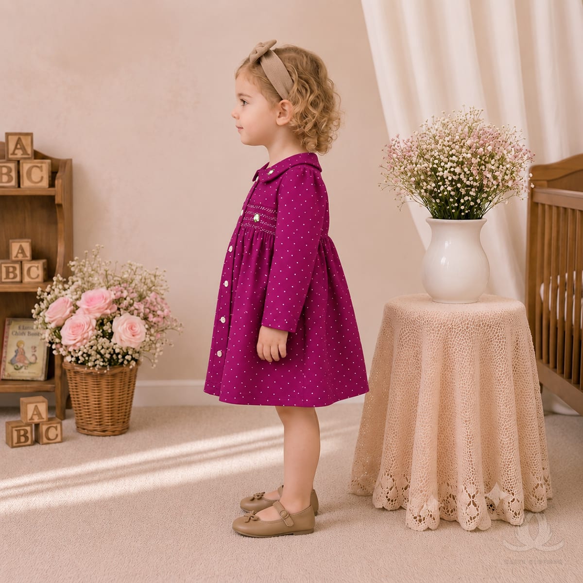 Girls Magenta Smocked Party Dress with Peter Pan Collar & Full Sleeves — Fabric detail