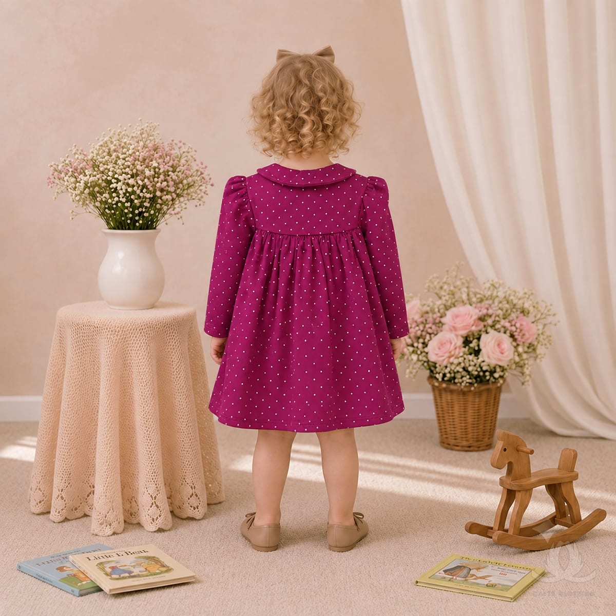 Girls Magenta Smocked Party Dress with Peter Pan Collar & Full Sleeves — Back