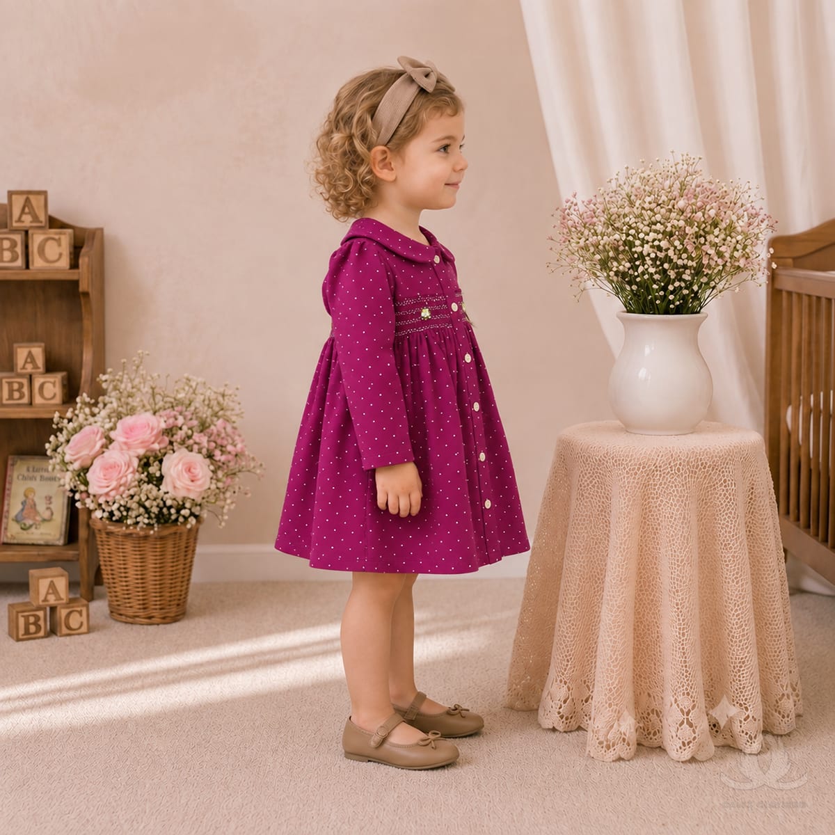 Girls Magenta Smocked Party Dress with Peter Pan Collar & Full Sleeves — Side