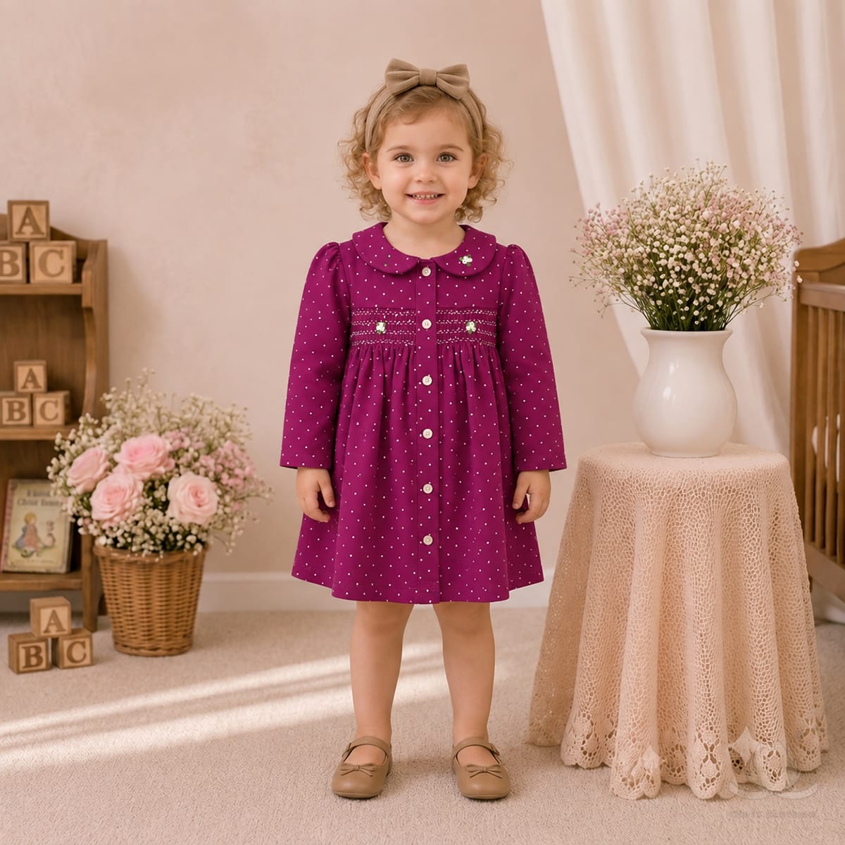 Girls Magenta Smocked Party Dress with Peter Pan Collar & Full Sleeves