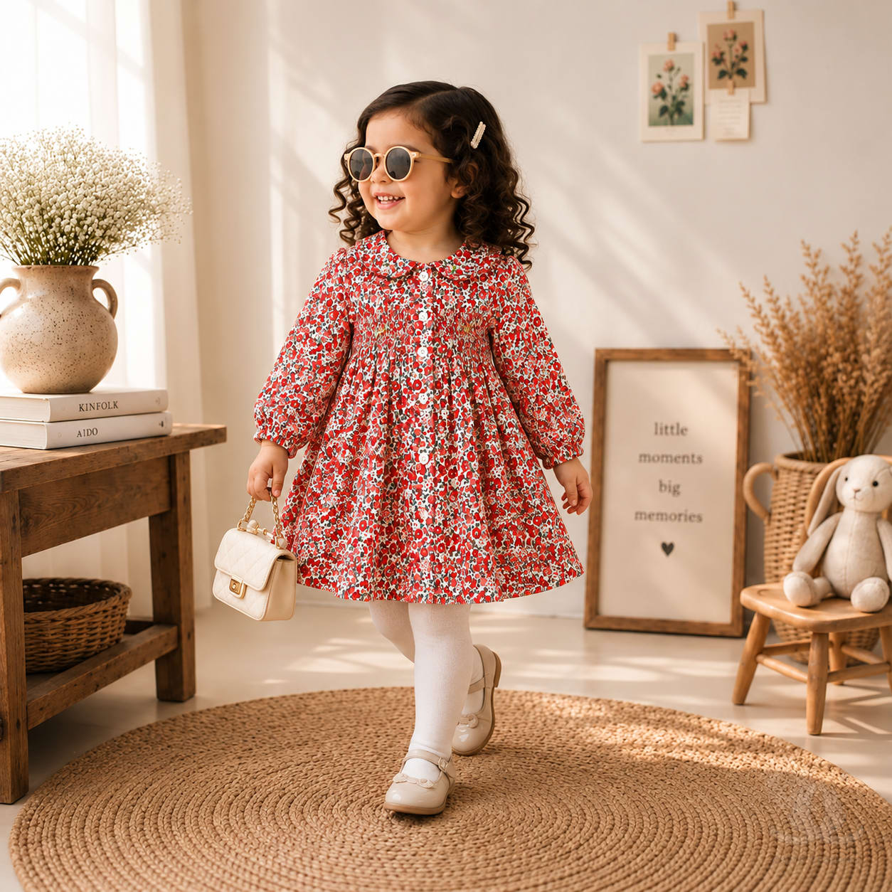 Calyx Clothing Girls Red Floral Printed Cotton-Feel Fit & Flare Dress with Peter Pan Collar and Full Sleeves | Elegant Party Wear & Casual Dress for Kids — Styled