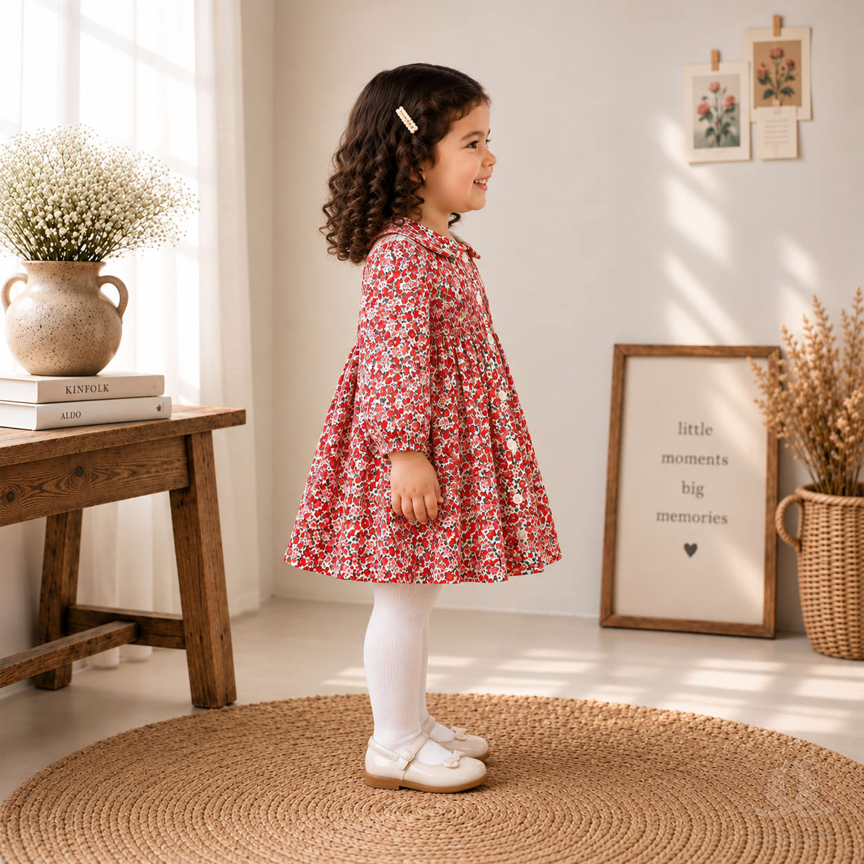 Calyx Clothing Girls Red Floral Printed Cotton-Feel Fit & Flare Dress with Peter Pan Collar and Full Sleeves | Elegant Party Wear & Casual Dress for Kids — Side