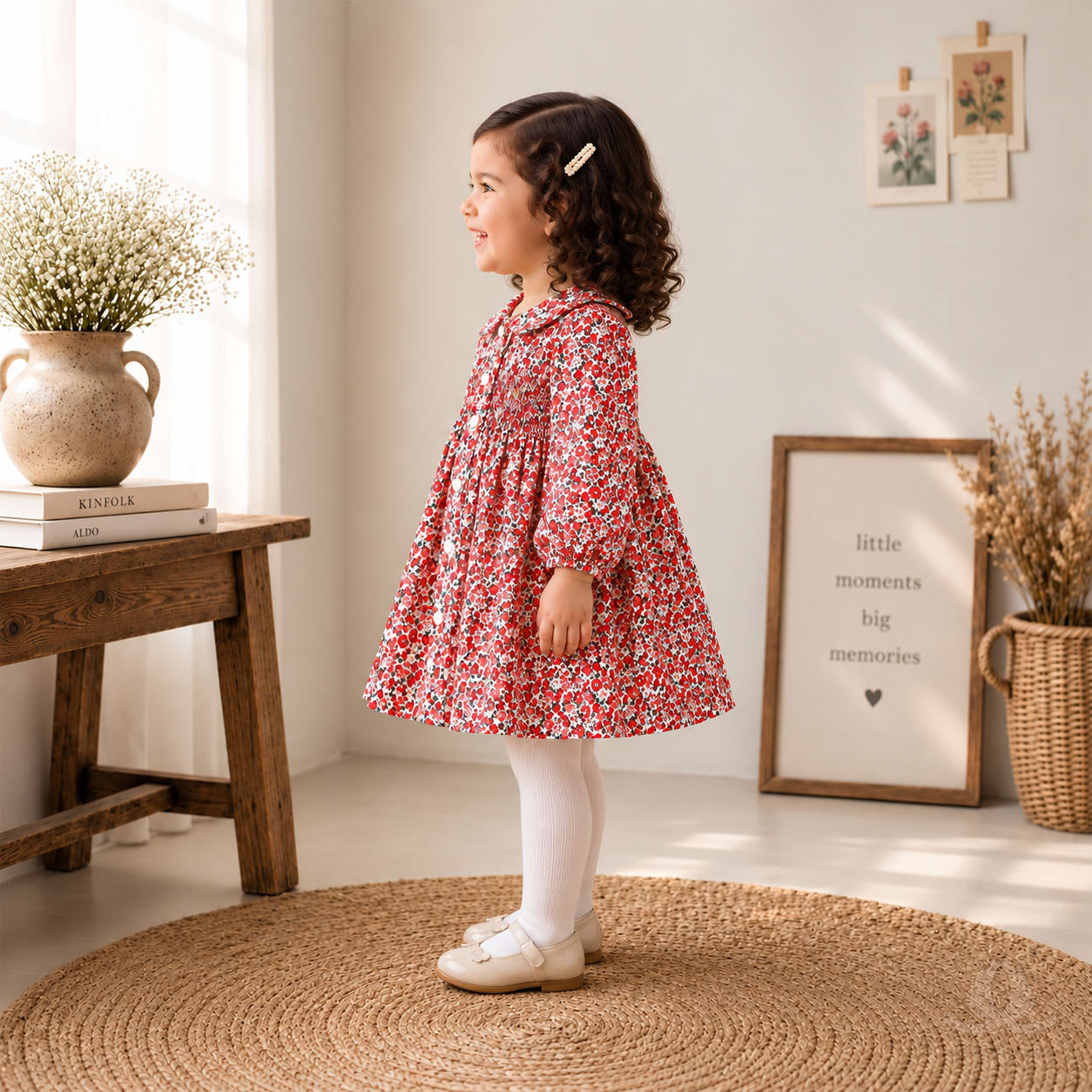 Calyx Clothing Girls Red Floral Printed Cotton-Feel Fit & Flare Dress with Peter Pan Collar and Full Sleeves | Elegant Party Wear & Casual Dress for Kids — Fabric detail