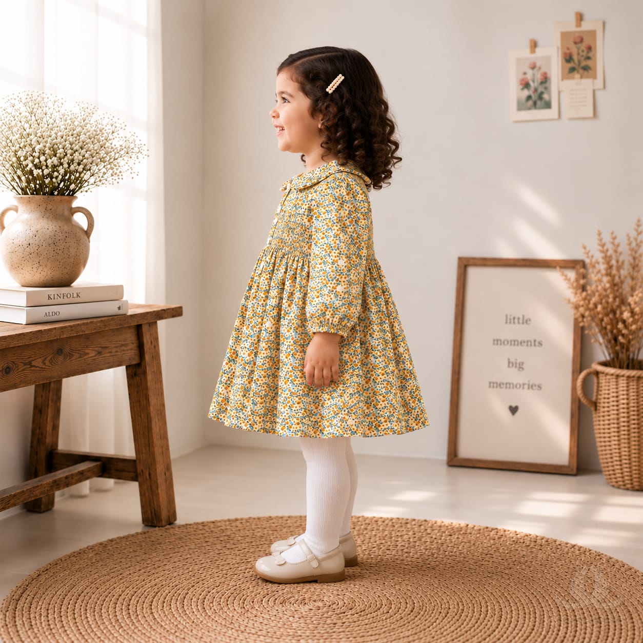 Calyx Clothing Girls Mustard Yellow Floral Printed Cotton-Feel Fit & Flare Dress with Peter Pan Collar and Full Sleeves | Elegant Party Wear & Casual Dress for Kids — Fabric detail