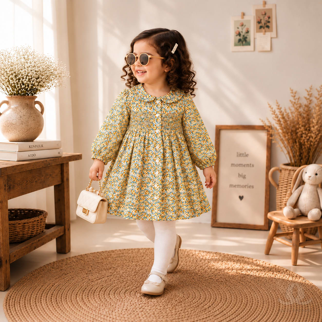 Calyx Clothing Girls Mustard Yellow Floral Printed Cotton-Feel Fit & Flare Dress with Peter Pan Collar and Full Sleeves | Elegant Party Wear & Casual Dress for Kids — Styled