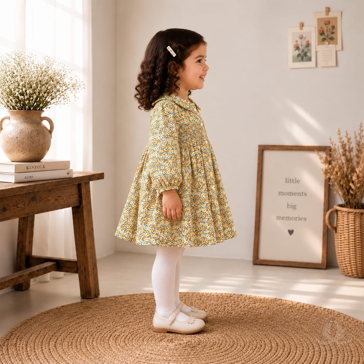 Calyx Clothing Girls Mustard Yellow Floral Printed Cotton-Feel Fit & Flare Dress with Peter Pan Collar and Full Sleeves | Elegant Party Wear & Casual Dress for Kids — Side