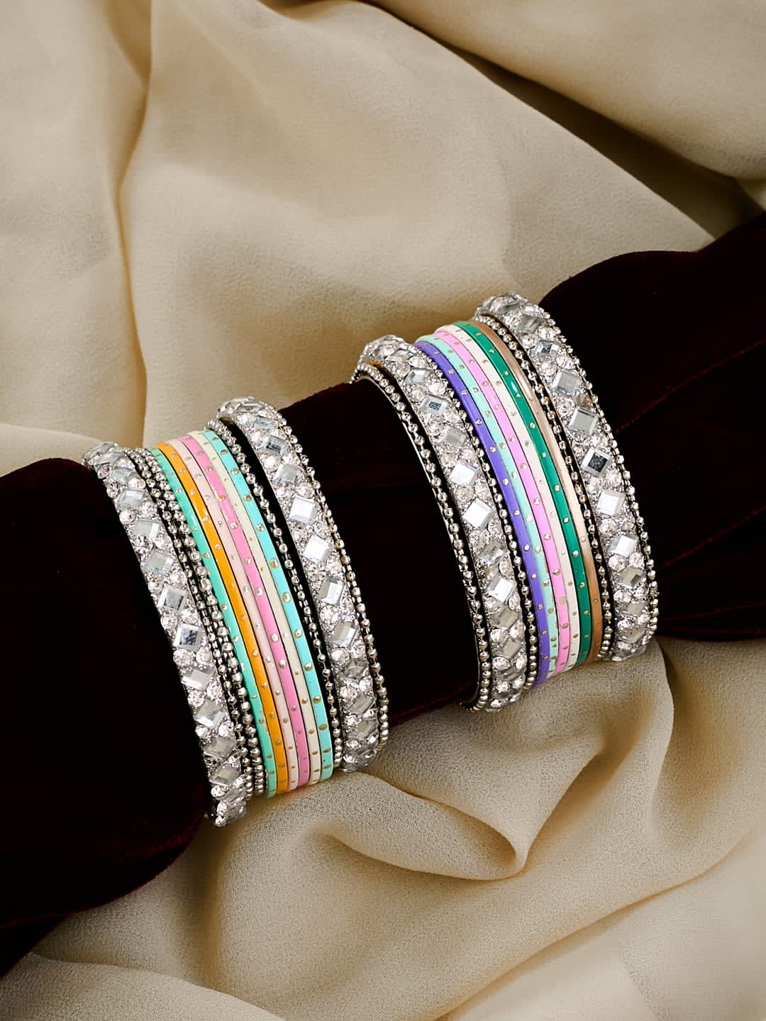 ATIBELLE Set Of 24 Silver Plated Mirror Stones Studded Embellished Bangles